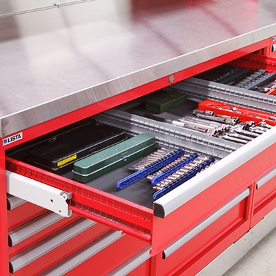 Toolbox with a drawer open displaying drawer accessories